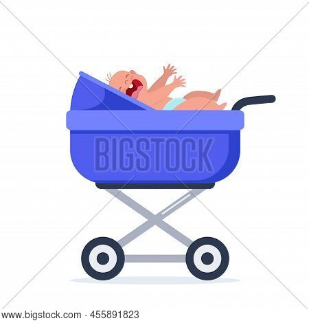 Little Baby Crying Hesterically. Crying Infant Is Lying In A Stroller. Little Kid Being Unhappy. Fla