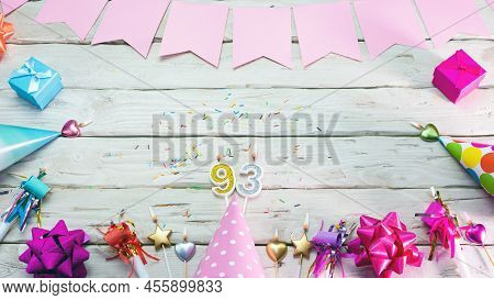 Happy Birthday Number 93. Copyspace. Beautiful Card In Pastel Pink Colors For A Woman Or A Girl. Dec