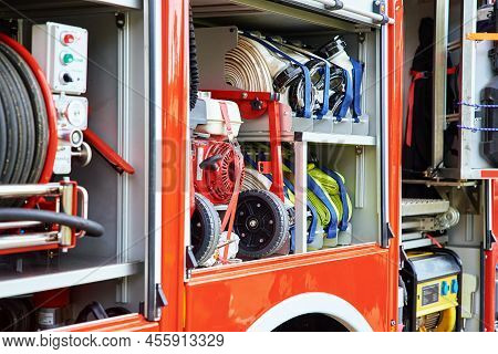 Side View Of Firetruck With Equipment For Rescue Operations. Katy Wroclawskie, Poland - May 28, 2022