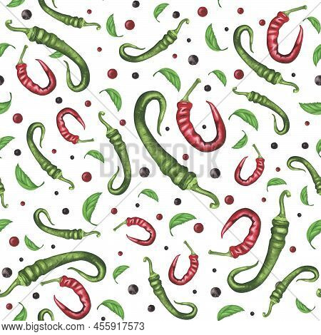 Red And Green Hot Chili Pepper Seamless Pattern On White. Watercolor Hand Drawing Illustration. Art