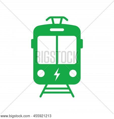 Electric Tram Silhouette Green Icon. Stop Station Sign For Ecology Electrical Public Transport Glyph
