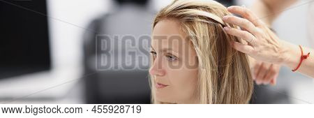 Portrait Of Female Client On Appointment At Hairdresser, Professional Master Creating Haircut, Touch