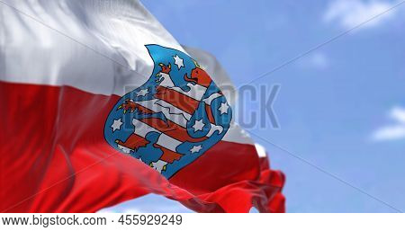 The Flag Of Thuringia Waving In The Wind On A Clear Day. Thuringia Is A German State (land) Situated