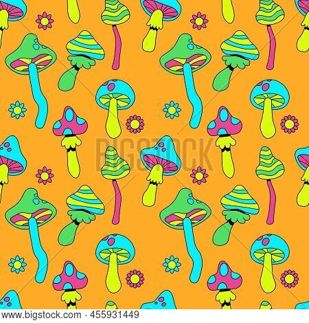 Funny Crazy Psilocybin Magic Mushroom Seamless Pattern.vector Hand Drawn Cartoon Character Illustrat
