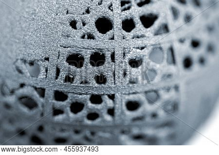 Models Printed On 3d Printer For Metal Macro. Object Surface Close-up. Layout Created On Metal 3d Pr