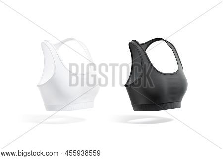 Blank Black And White Woman Sport Top Mockup, Side View, 3d Rendering. Empty Jersey Scoop T-shirt Or