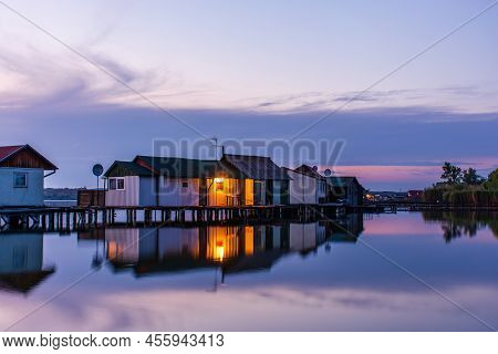 Floating Village On Bokod Lake In Hungary, Dramatic Sunset Sky