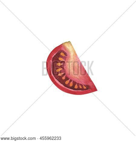 Ripe Red Tomato Slice. Watercolor Illustration Fresh Vegetabl For Cooking Isolated On White Backgrou