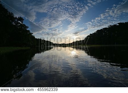 Sunset Over Fisheating Creek Near Palmdale, Florida On Calm Summer Afternoon.