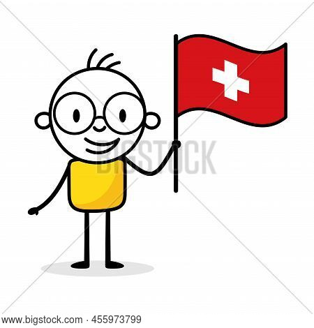 Man Holding Flag Of Switzerland Isolated On White Background. Hand Drawn Doodle Line Art Man. Concep