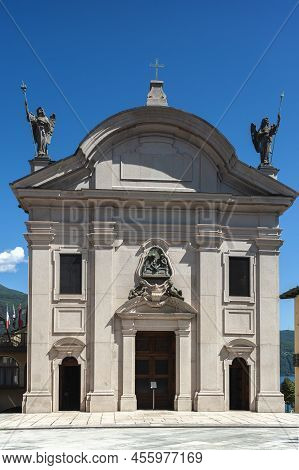 West Facade Of The Pilgrimage Church Santuario Della Ss Pieta In Cannobio. Cannobio Is A Town On Lak