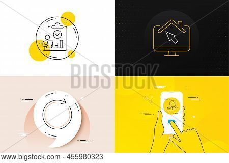 Minimal Set Of Inspect, Fake News And Work Home Line Icons. Phone Screen, Quote Banners. Synchronize