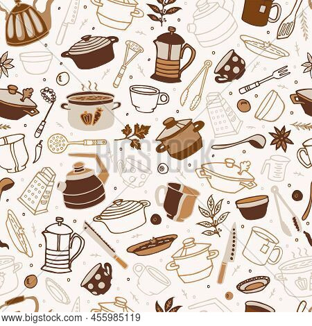 Kitchenware Vector Pattern. Tool And Ware Collection. Hand Drawn, Doodle Cooking Icon. Cookware Elem