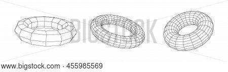 Set Of Distorted Wireframe Turus From Different Sides. Vector Abstract Geometric 3d Objects. Technol