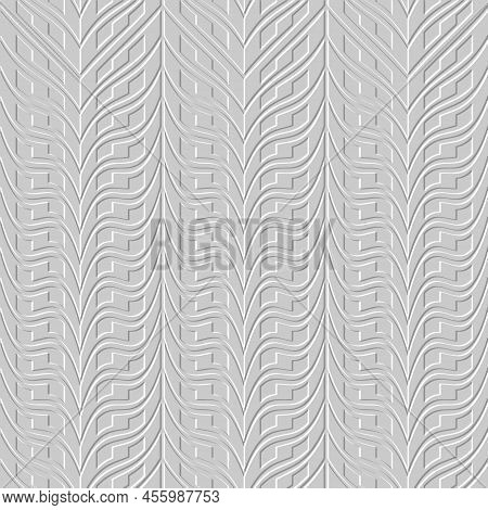 Emboss Wavy Borders 3d Seamless Pattern. Embossed Greek Border Surface Background. Repeat Ornate Rel