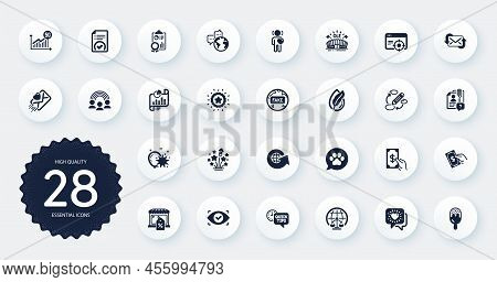 Set Of Business Icons, Such As Receive Money, Magistrates Court And Report Document Flat Icons. Fake