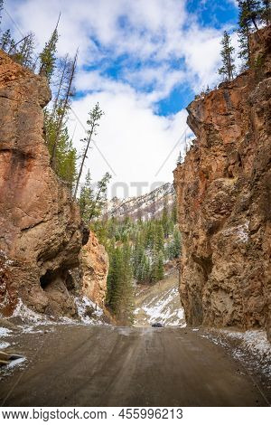 Road Through Narrow Passage In The Rocks Red Gate On The Chibit River In Spring Time, Altai, Russia