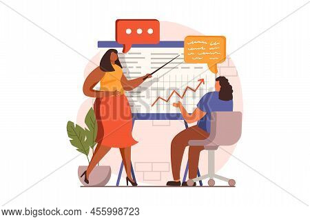 Business Meeting Web Concept In Flat Design. Coach Advises Employee, Women Discuss Work Tasks At Rep