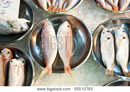 Whole Fresh Fishes Are Offered In The Fish Market In Asia