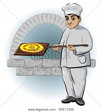 cook with pizza an oven on background