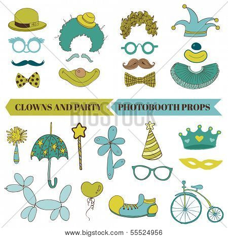 Clown and Party - Photobooth Set - Glasses, hats, lips, mustache, masks - in vector