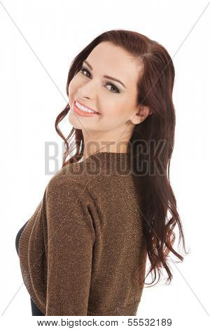 Portrait of a beautiful woman in browm bolero jacekt and black dress. Isolated on white.