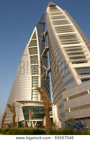 BAHRAIN - AUGUST 08: Bahrain World Trade Center - The skyscraper is a 240-meter high and the first skyscraper in the world to integrate wind turbines into its design, on August 8, 2008 in Bahrain.