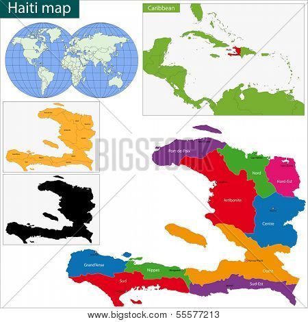 Map of the Republic of Haiti with the departments and cities