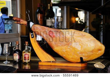 Jamon Serrano on bar counter, Malaga.