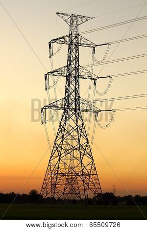 High Voltage Electric Pole During Sunset