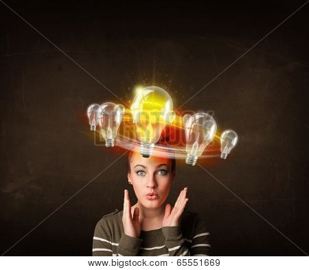 Preety woman with light bulbs circleing around her head 