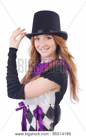 A girl in harlequin costume isolated on white