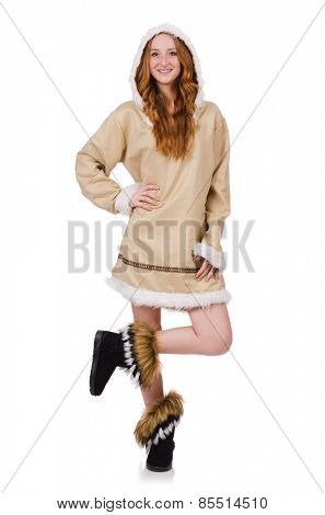 Eskimo girl wearing clothes of all fur isolated on white