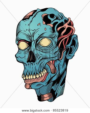 Illustration of blue zombie head.
