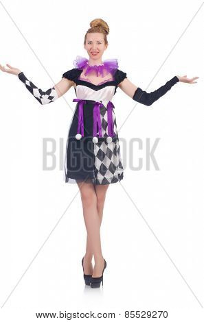 A girl in harlequin costume isolated on white