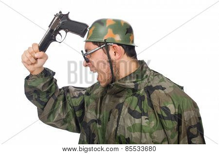 Military man with a gun isolated on white