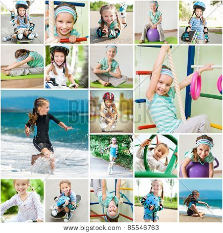 Photo collage of a little girl playing sports in the gym and on the street