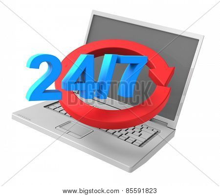 24 hours a day and 7 days a week service sign. Computer generated 3D photo rendering.