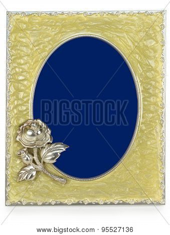 Golden photo frame with rose isolated on white