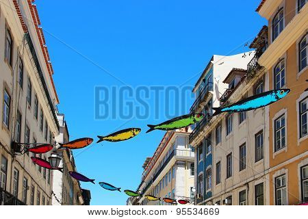 Street Of Lisbon Decorated With Sardines