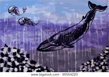 Whale, Jellyfish Under Water (watercolour And Gouache Illustration).