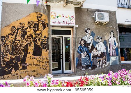 Orgosolo, Italy - June 26, 2015 - Typical Wall Paintings On The Streets Of Orgosolo, In Sardinia, It