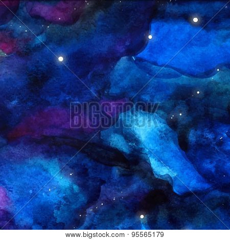 Watercolor space texture with glowing stars. Night starry sky with paint strokes and swashes. Vector