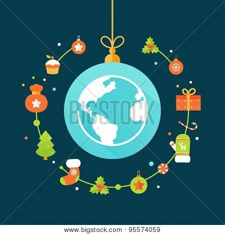 Earth Globe and Christmas Decorations. Christmas and New Year Celebrations Around the World