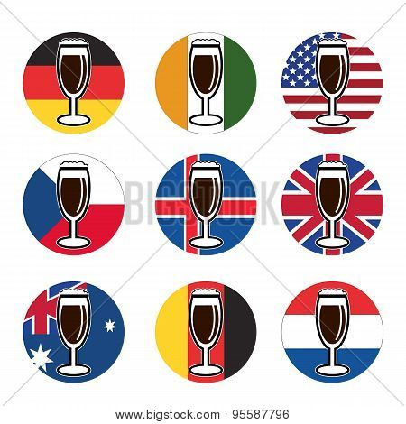 Vector Set Beer Glass With Beer On Background Round National Flags