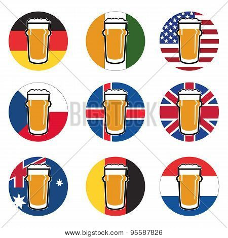 Vector Set Beer Glass With Beer On Background Round National Flags