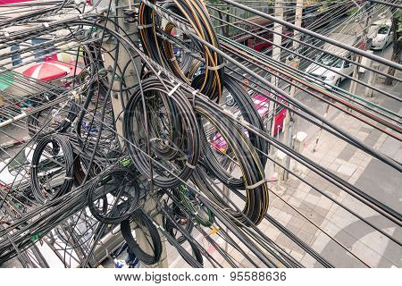 Messy Electrical Cables In Bangkok - Example Of Uncovered Optical Fiber Technology Open Air Outdoors