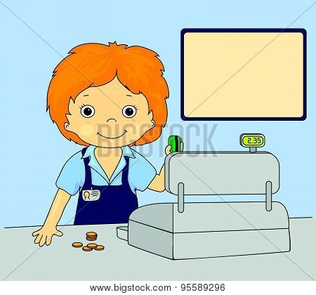 Boy With A Plastic Card At The Checkout