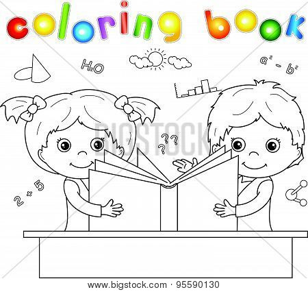 Boy And Girl Reading Book Together. Vector Illustration For Children