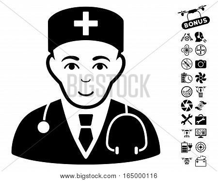 Physician pictograph with bonus flying drone tools pictograph collection. Vector illustration style is flat iconic black symbols on white background.
